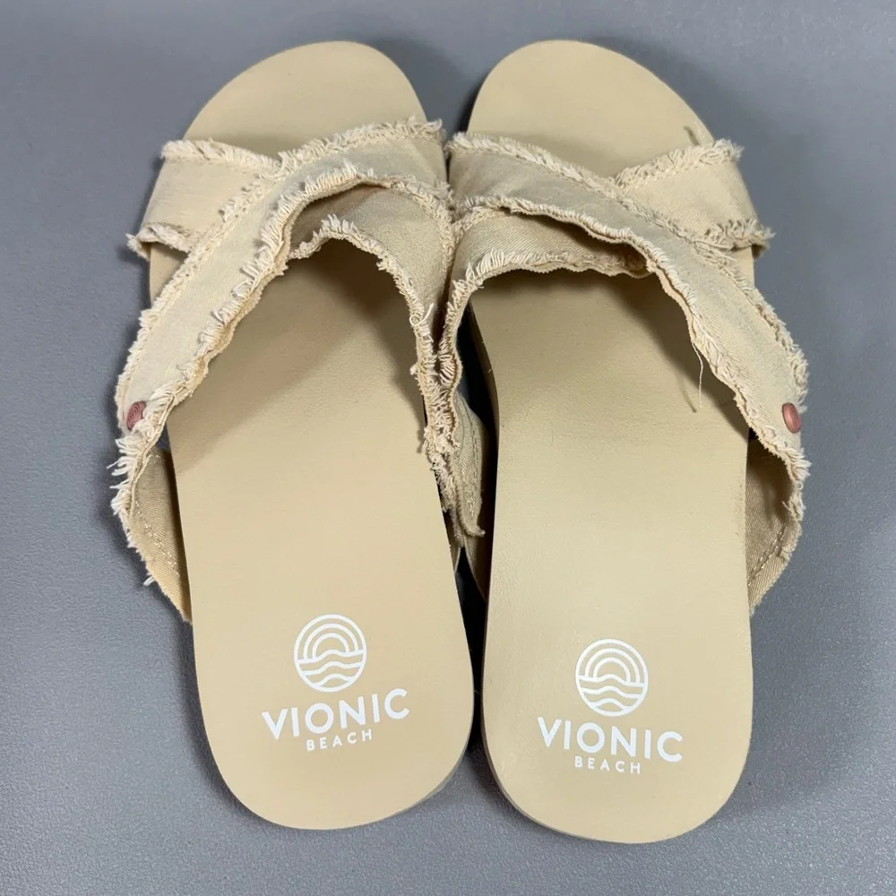 Vionic Boardwalk Panama Beige Canvas Crisscross Slip-On Slide Sandals